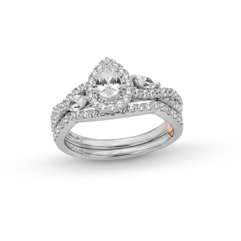 Perfect Fit 1.00 CT. T.W. Pear-Shaped Certified Lab-Created Diamond Twist Shank Bridal Set in 14K White Gold (F/SI2)