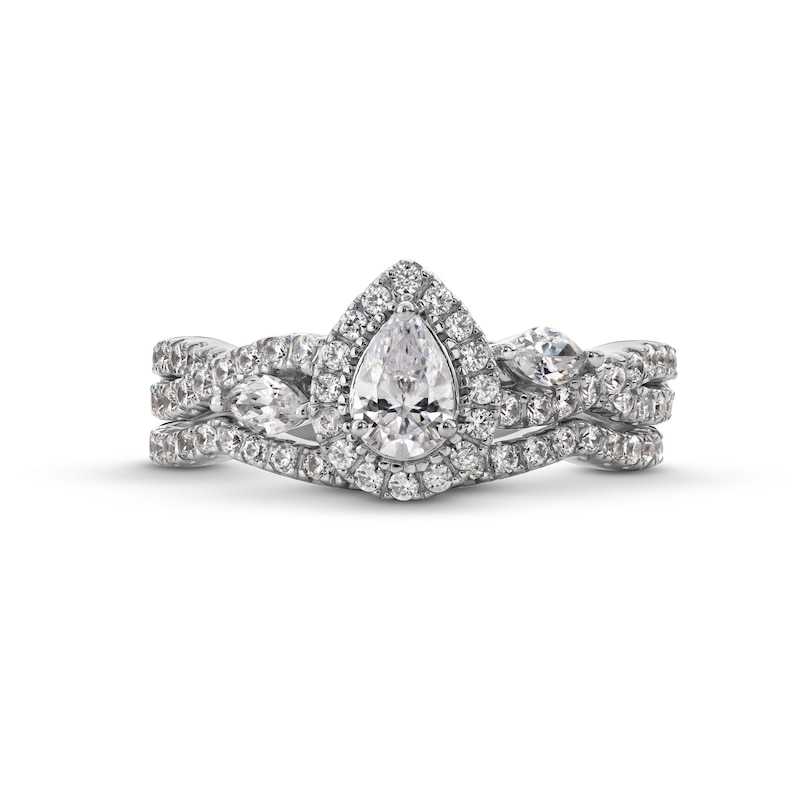 Perfect Fit 1.00 CT. T.W. Pear-Shaped Certified Lab-Created Diamond Twist Shank Bridal Set in 14K White Gold (F/SI2)|Peoples Jewellers