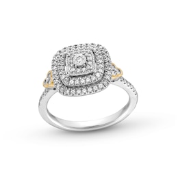0.18 CT. T.W. Multi-Diamond Double Cushion-Shaped Frame Vintage-Style Promise Ring in Sterling Silver and 10K Gold