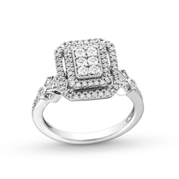 0.18 CT. T.W. Emerald-Shaped Multi-Diamond Double Frame Vintage-Style Promise Ring in Sterling Silver