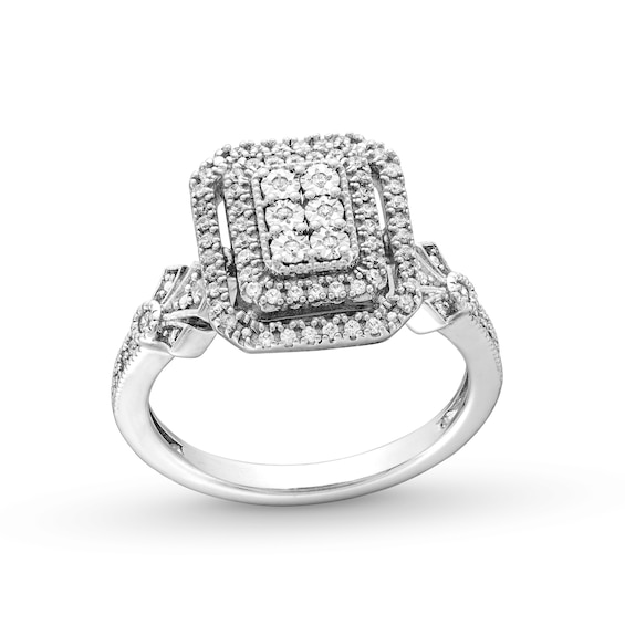 0.18 CT. T.W. Emerald-Shaped Multi-Diamond Double Frame Vintage-Style Promise Ring in Sterling Silver