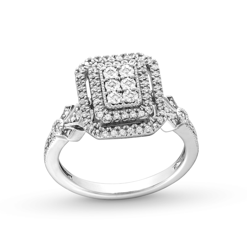 0.18 CT. T.W. Emerald-Shaped Multi-Diamond Double Frame Vintage-Style Promise Ring in Sterling Silver|Peoples Jewellers