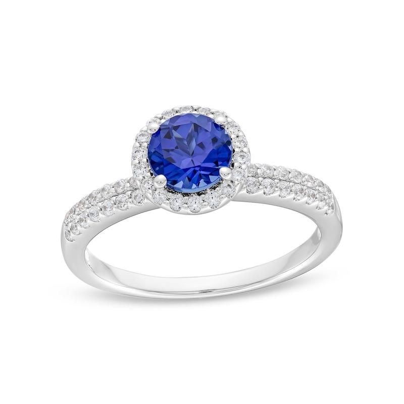 Blue Sapphire and 0.30 CT. T.W. Diamond Frame Double Row Shank Ring in 10K White Gold|Peoples Jewellers