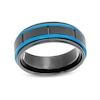 Men’s 8.0mm Double Stripe Stepped Edge Wedding Band in Tungsten with Black and Blue Ion Plate - Size 10