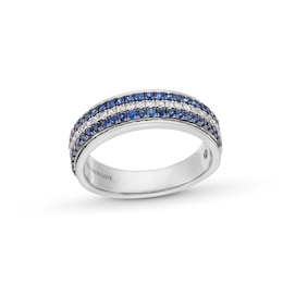 Vera Wang Love Collection Men’s 0.23 CT. T.W. Diamond and Blue Sapphire Tripe Row Wedding Band in 14K White Gold