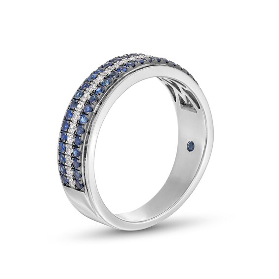 Vera Wang Love Collection Men’s 0.23 CT. T.W. Diamond and Blue Sapphire Tripe Row Wedding Band in 14K White Gold