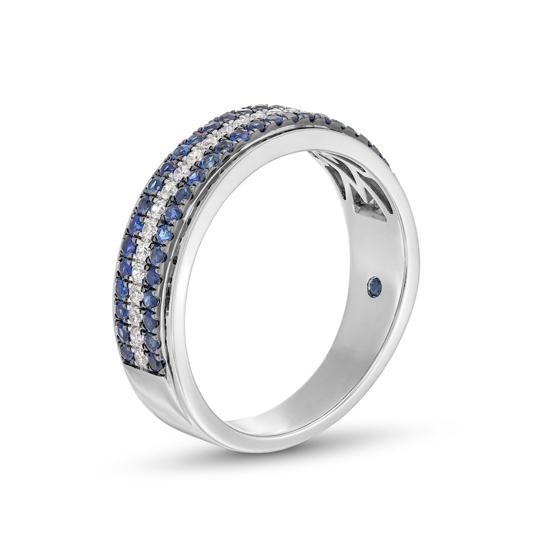 Vera Wang Love Collection Men’s 0.23 CT. T.W. Diamond and Blue Sapphire Tripe Row Wedding Band in 14K White Gold|Peoples Jewellers