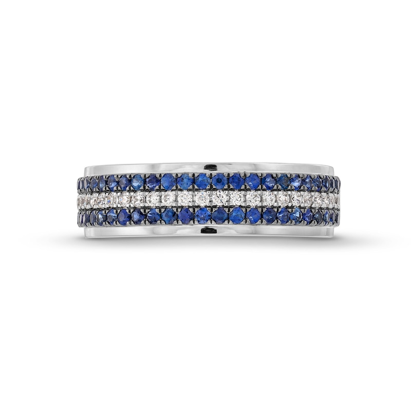 Vera Wang Love Collection Men’s 0.23 CT. T.W. Diamond and Blue Sapphire Tripe Row Wedding Band in 14K White Gold|Peoples Jewellers
