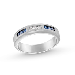 Blue Sapphire and 0.10 CT. T.W. Diamond Trios Bevelled Edge Anniversary Band in 10K White Gold