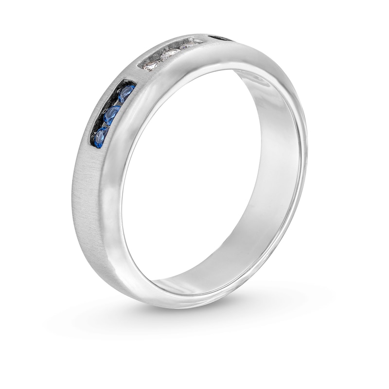 Blue Sapphire and 0.10 CT. T.W. Diamond Trios Bevelled Edge Anniversary Band in 10K White Gold