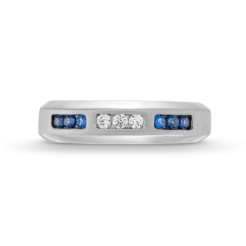 Blue Sapphire and 0.10 CT. T.W. Diamond Trios Bevelled Edge Anniversary Band in 10K White Gold