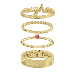 Birthstone Engravable Four Piece Stackable Graduation Ring Set (1 Stone, 2 Lines)