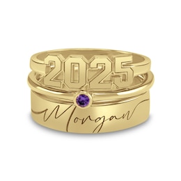 Birthstone Engravable Year and Script Name Three Piece Stackable Graduation Ring Set (1 Stone, Year and Line)