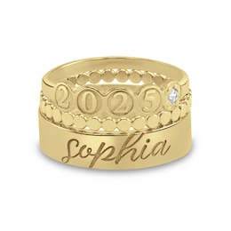 Birthstone Engravable Year and Name Scallop Three Piece Stackable Graduation Ring Set (1 Stone, Year and Line)