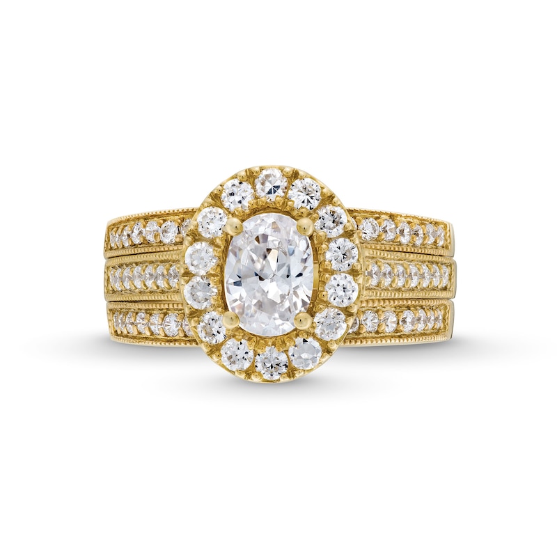 2.00 CT. T.W. Oval Certified Lab-Created Diamond Frame Vintage-Style Bridal Set in 14K Gold (F/VS2)