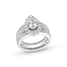 2.00 CT. T.W. Pear-Shaped Certified Lab-Created Diamond Frame Vintage-Style Bridal Set in 14K White Gold (F/VS2)