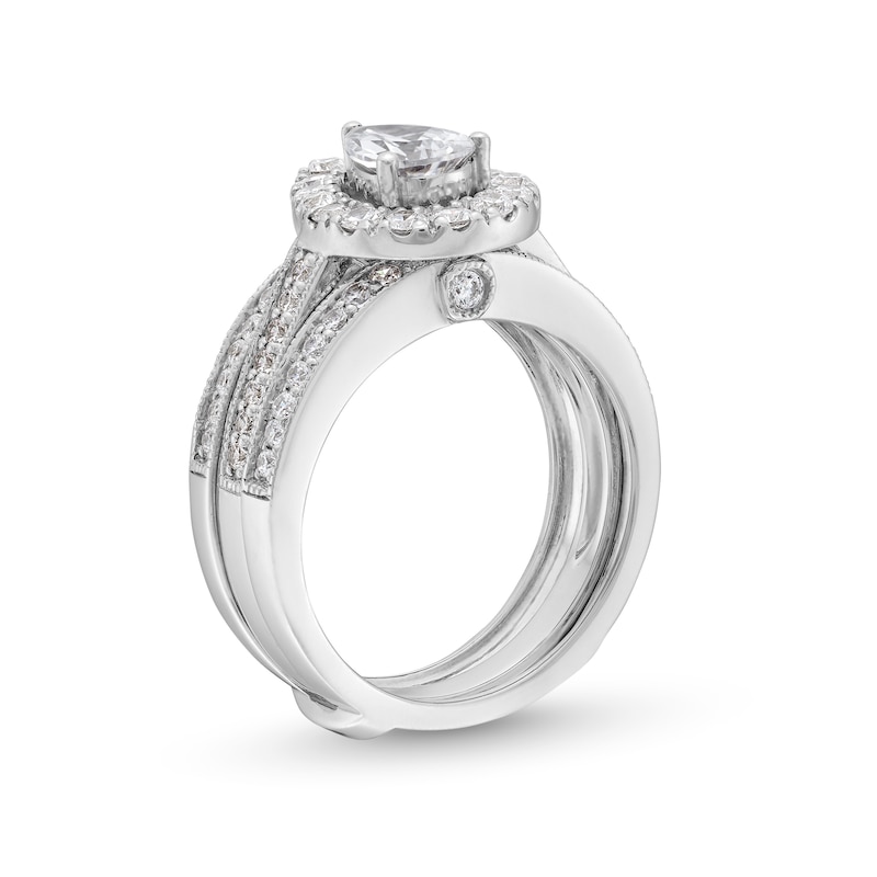 2.00 CT. T.W. Pear-Shaped Certified Lab-Created Diamond Frame Vintage-Style Bridal Set in 14K White Gold (F/VS2)|Peoples Jewellers