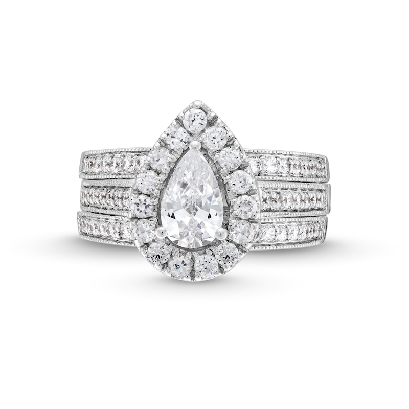 2.00 CT. T.W. Pear-Shaped Certified Lab-Created Diamond Frame Vintage-Style Bridal Set in 14K White Gold (F/VS2)|Peoples Jewellers