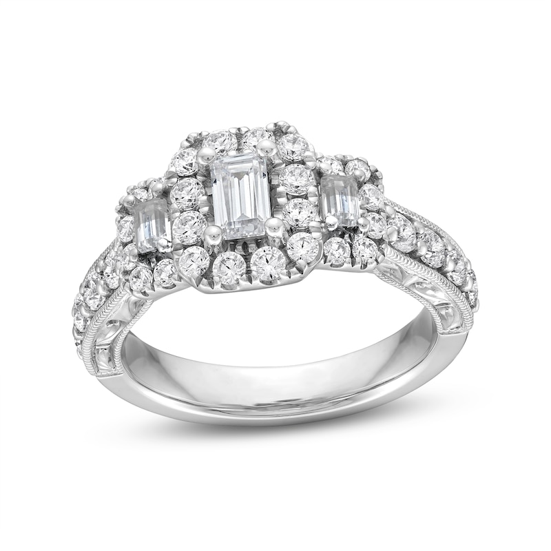 1.50 CT. T.W. Emerald-Cut Diamond Frame Past Present Future® Double Row Engagement Ring in 14K White Gold|Peoples Jewellers