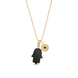 EFFY™ Collection Onyx and 0.085 CT. T.W. Diamond Hamsa and Evil Eye Double Charm Pendant in 14K Gold