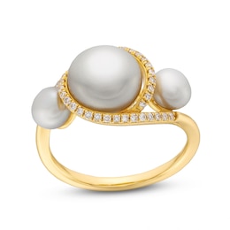 Freshwater Cultured Pearl and 0.145 CT. T.W. Diamond Swirl Bypass Frame Three Stone Ring in 10K Gold