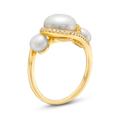 Freshwater Cultured Pearl and 0.145 CT. T.W. Diamond Swirl Bypass Frame Three Stone Ring in 10K Gold