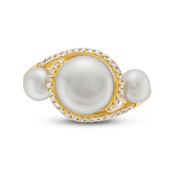 Freshwater Cultured Pearl and 0.145 CT. T.W. Diamond Swirl Bypass Frame Three Stone Ring in 10K Gold