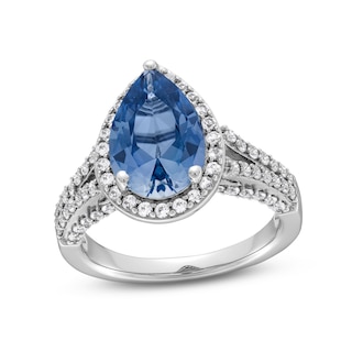 Pear-Shaped Blue and White Lab-Created Sapphire Frame Split Shank Ring in Sterling Silver