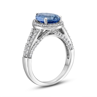 Pear-Shaped Blue and White Lab-Created Sapphire Frame Split Shank Ring in Sterling Silver