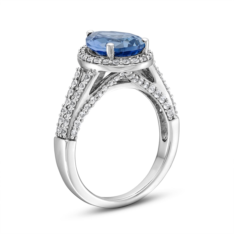 Pear-Shaped Blue and White Lab-Created Sapphire Frame Split Shank Ring in Sterling Silver|Peoples Jewellers