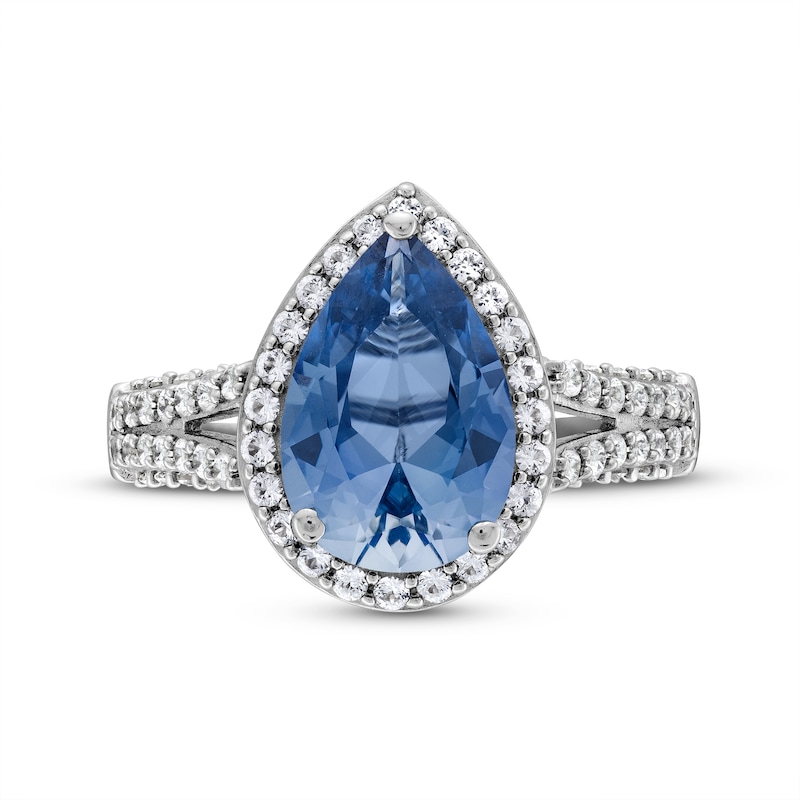 Pear-Shaped Blue and White Lab-Created Sapphire Frame Split Shank Ring in Sterling Silver