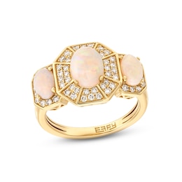 EFFY™ Collection Oval Opal and 0.37 CT. T.W. Diamond Octagon Frame Three Stone Ring in 14K Gold