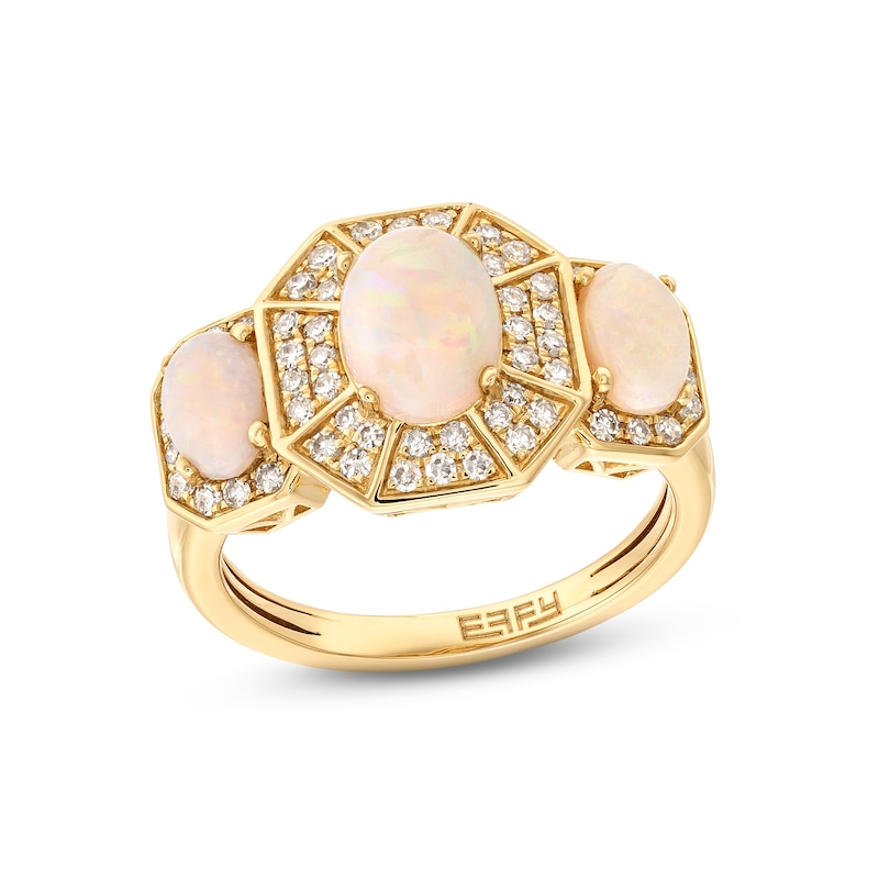 EFFY™ Collection Oval Opal and 0.37 CT. T.W. Diamond Octagon Frame Three Stone Ring in 14K Gold|Peoples Jewellers