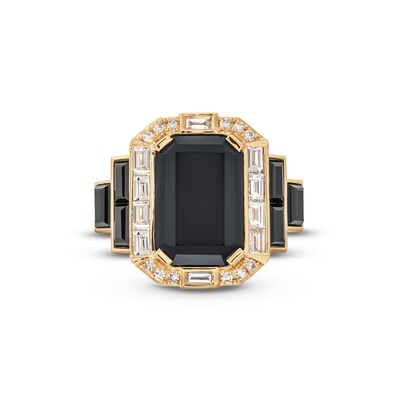 EFFY™ Collection Emerald-Cut Onyx and 0.37 CT. T.W. Diamond Frame Tri-Sides Collar Ring in 14K Gold