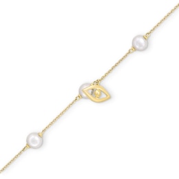 5.0mm Freshwater Cultured Pearl with Evil Eye Station Chain Bracelet in 10K Gold-7.5&quot;