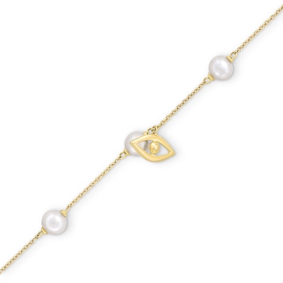 5.0mm Freshwater Cultured Pearl with Evil Eye Station Chain Bracelet in 10K Gold-7.5"