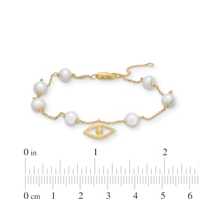 5.0mm Freshwater Cultured Pearl with Evil Eye Station Chain Bracelet in 10K Gold-7.5"