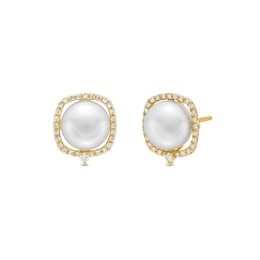 Freshwater Cultured Pearl and 0.145 CT. T.W. Diamond Cushion-Shaped Frame Stud Earrings in 10K Gold