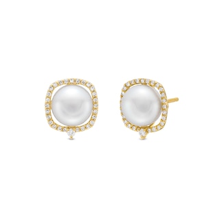 Freshwater Cultured Pearl and 0.145 CT. T.W. Diamond Cushion-Shaped Frame Stud Earrings in 10K Gold