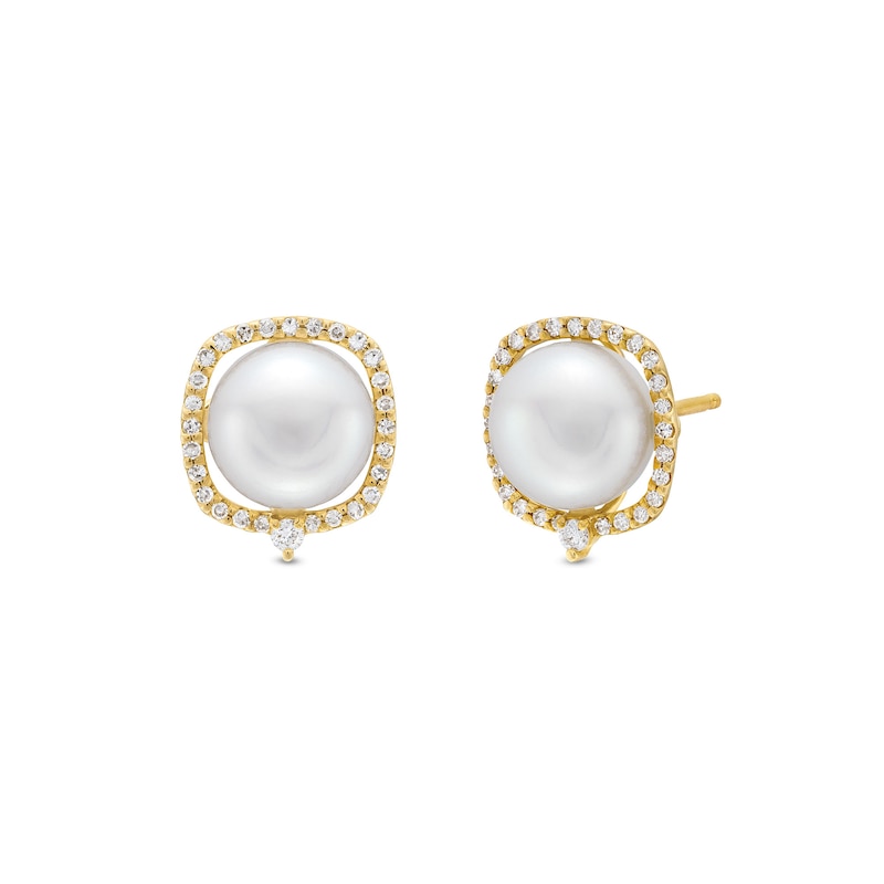 Freshwater Cultured Pearl and 0.145 CT. T.W. Diamond Cushion-Shaped Frame Stud Earrings in 10K Gold|Peoples Jewellers