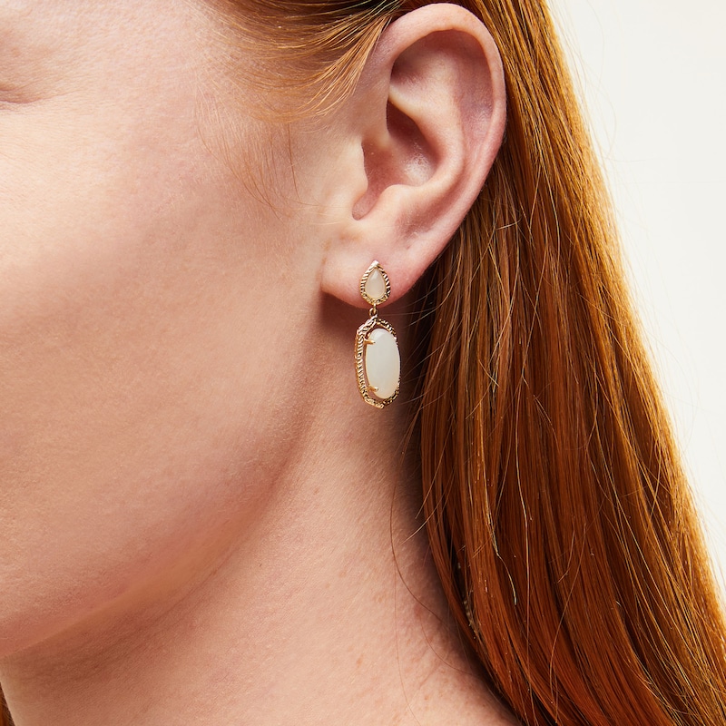 Oval and Pear-Shaped White Jade Textured Frame Drop Earrings in 14K Gold|Peoples Jewellers
