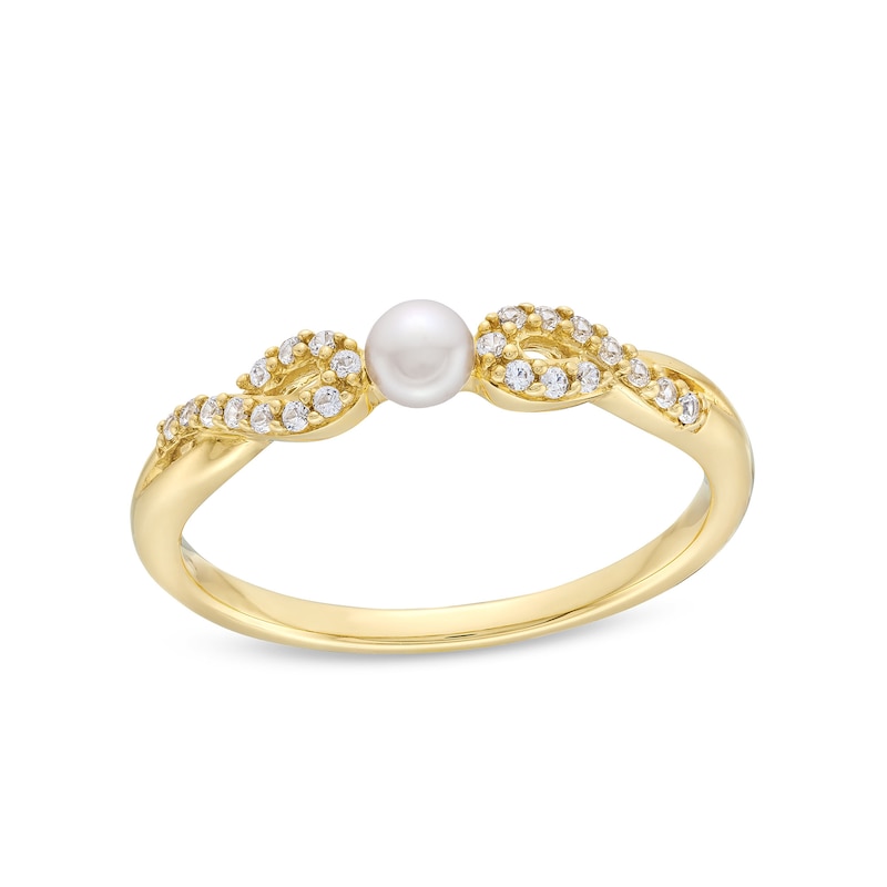Freshwater Cultured Pearl and White Lab-Created Sapphire Infinity Twist Shank Ring in 10K Gold