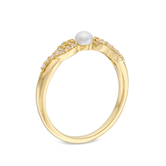 Freshwater Cultured Pearl and White Lab-Created Sapphire Infinity Twist Shank Ring in 10K Gold