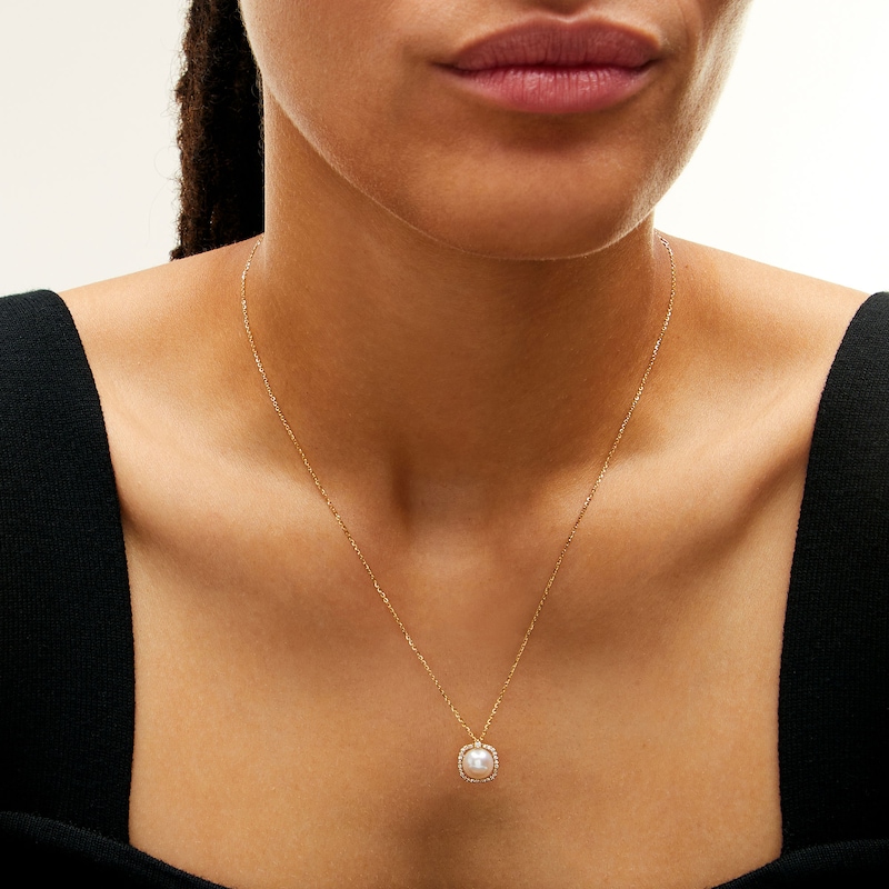 Freshwater Cultured Pearl and 0.085 CT. T.W. Diamond Cushion-Shaped Frame Pendant in 10K Gold