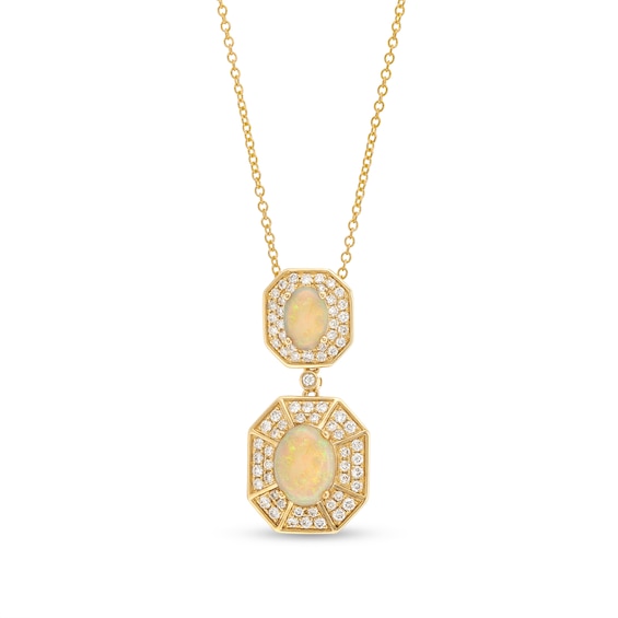 EFFY™ Collection Oval Opal and 0.45 CT. T.W. Diamond Double Octagon Frame Drop Pendant in 14K Gold