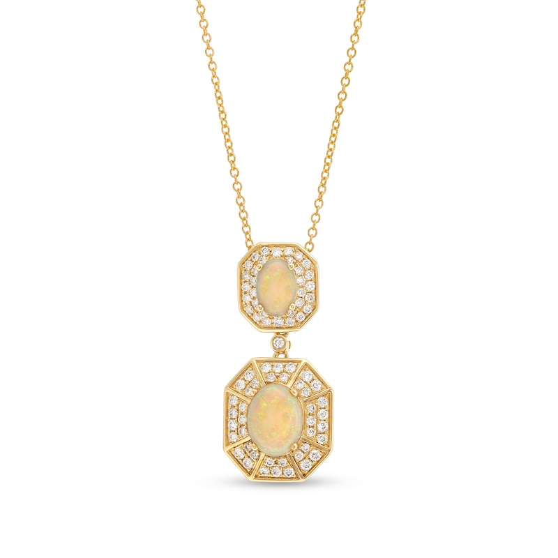 EFFY™ Collection Oval Opal and 0.45 CT. T.W. Diamond Double Octagon Frame Drop Pendant in 14K Gold|Peoples Jewellers