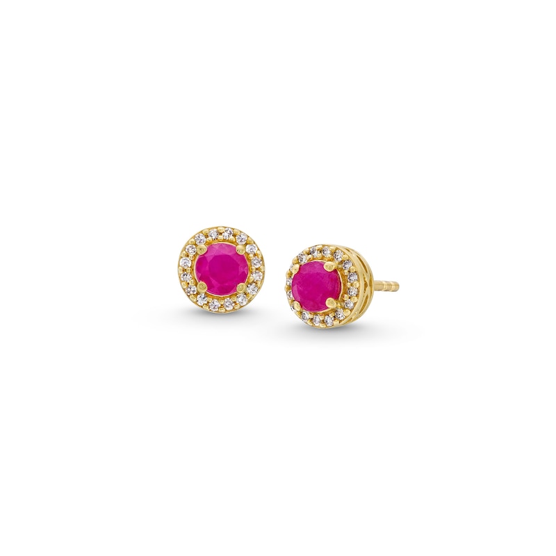 4.0mm Certified Ruby and 0.085 CT. T.W. Diamond Frame Stud Earrings in 14K Gold|Peoples Jewellers