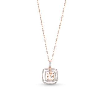 Cushion-Cut Morganite and White Lab-Created Sapphire Double Frame Pendant in Sterling Silver with 18K Rose Gold Plate