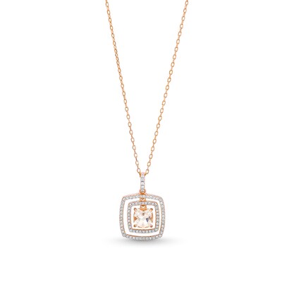 Cushion-Cut Morganite and White Lab-Created Sapphire Double Frame Pendant in Sterling Silver with 18K Rose Gold Plate