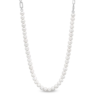 Freshwater Cultured Pearl and White Lab-Created Sapphire Paper Clip Chain Half-and-Half Necklace in Sterling Silver